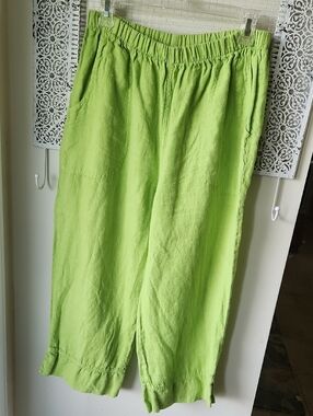 mosaic usa linen pants medium lime green pockets pull on stretchy elastic waist
